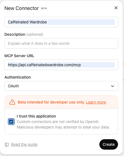 Configuring Caffeinated Wardrobe as a connector in ChatGPT